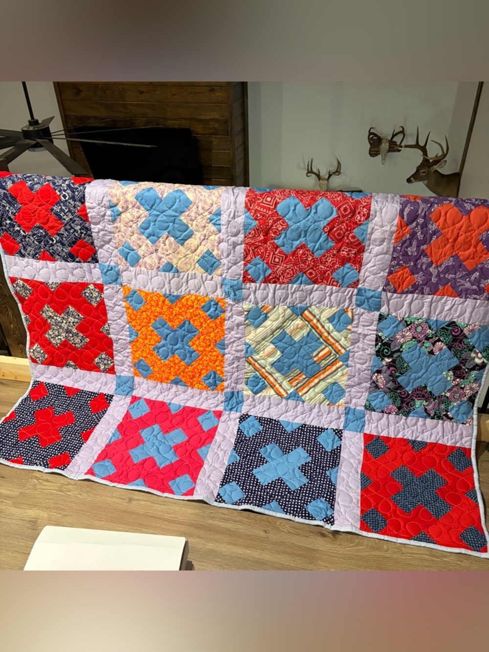 Patchwork Quilt with Blue Accents - Multicolor